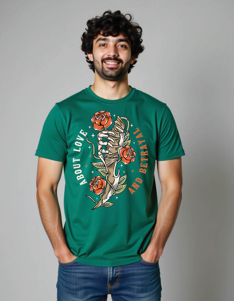 handdrawn skull hand holding old dagger with roses mens printed graphic t shirt