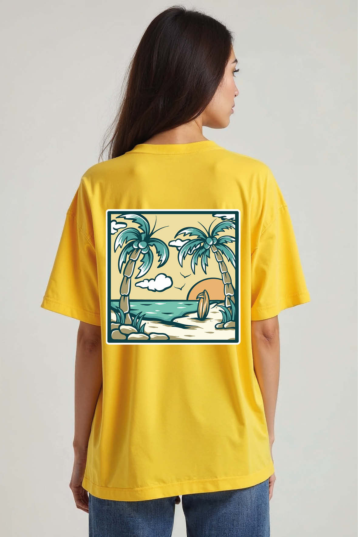 Palm Tree Beach Sunset Back Urban Graphic Unisex Oversized Drop Shoulder T-Shirt