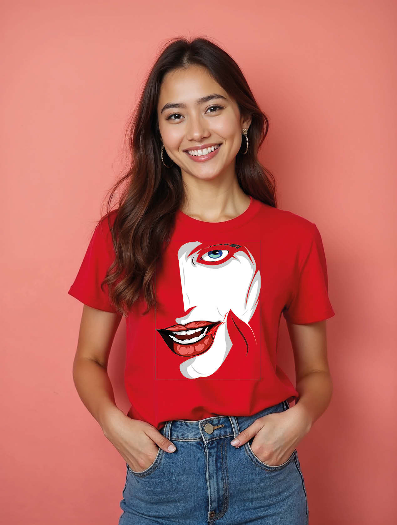 Stylized Face with Wide Grin  Chic Women’s Streetwear T-Shirt – Sale