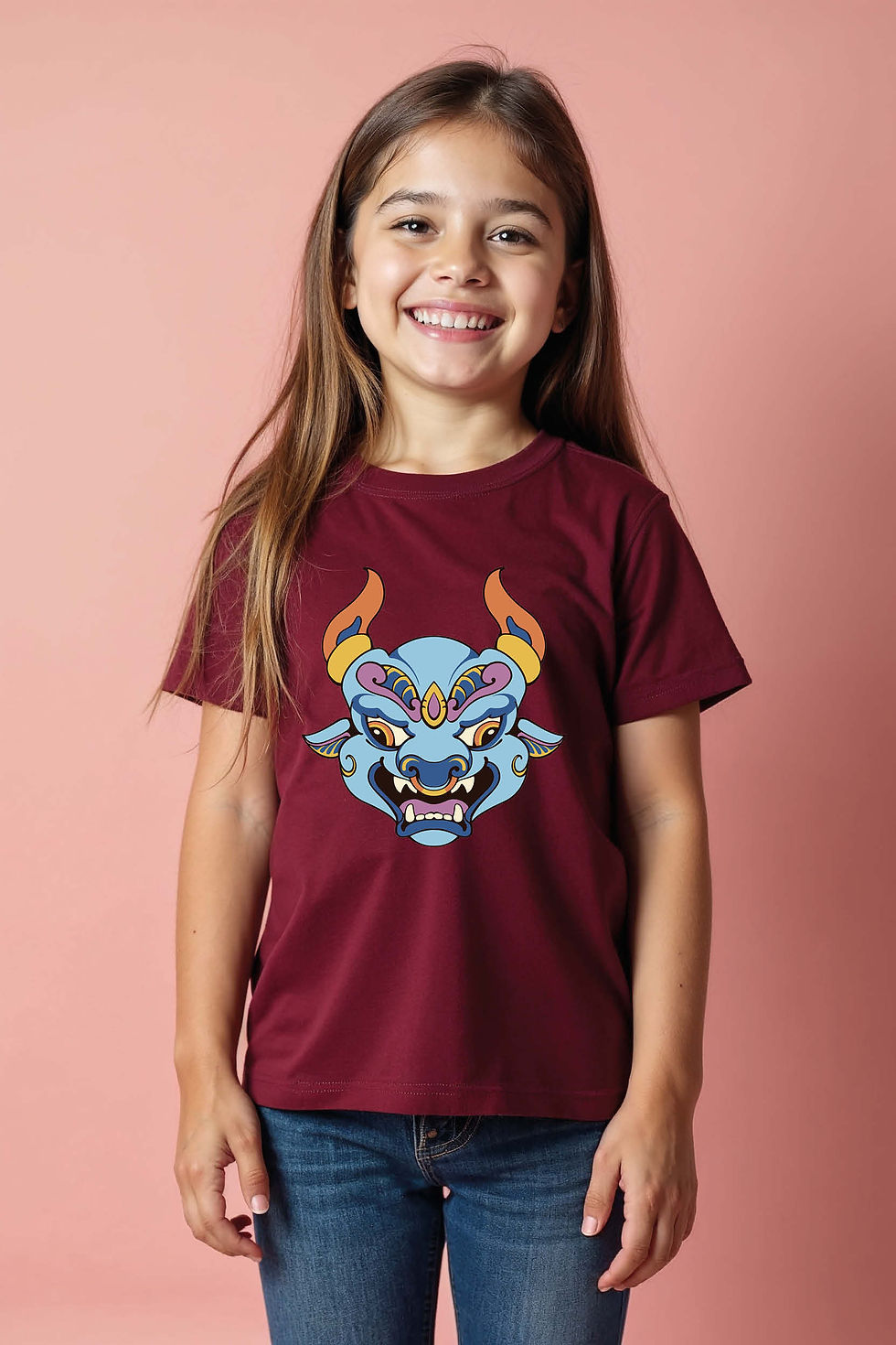 Stylized Blue Ox/Bull Oni Mask Graphic Tee Modern Cartoon Printed T-Shirt
