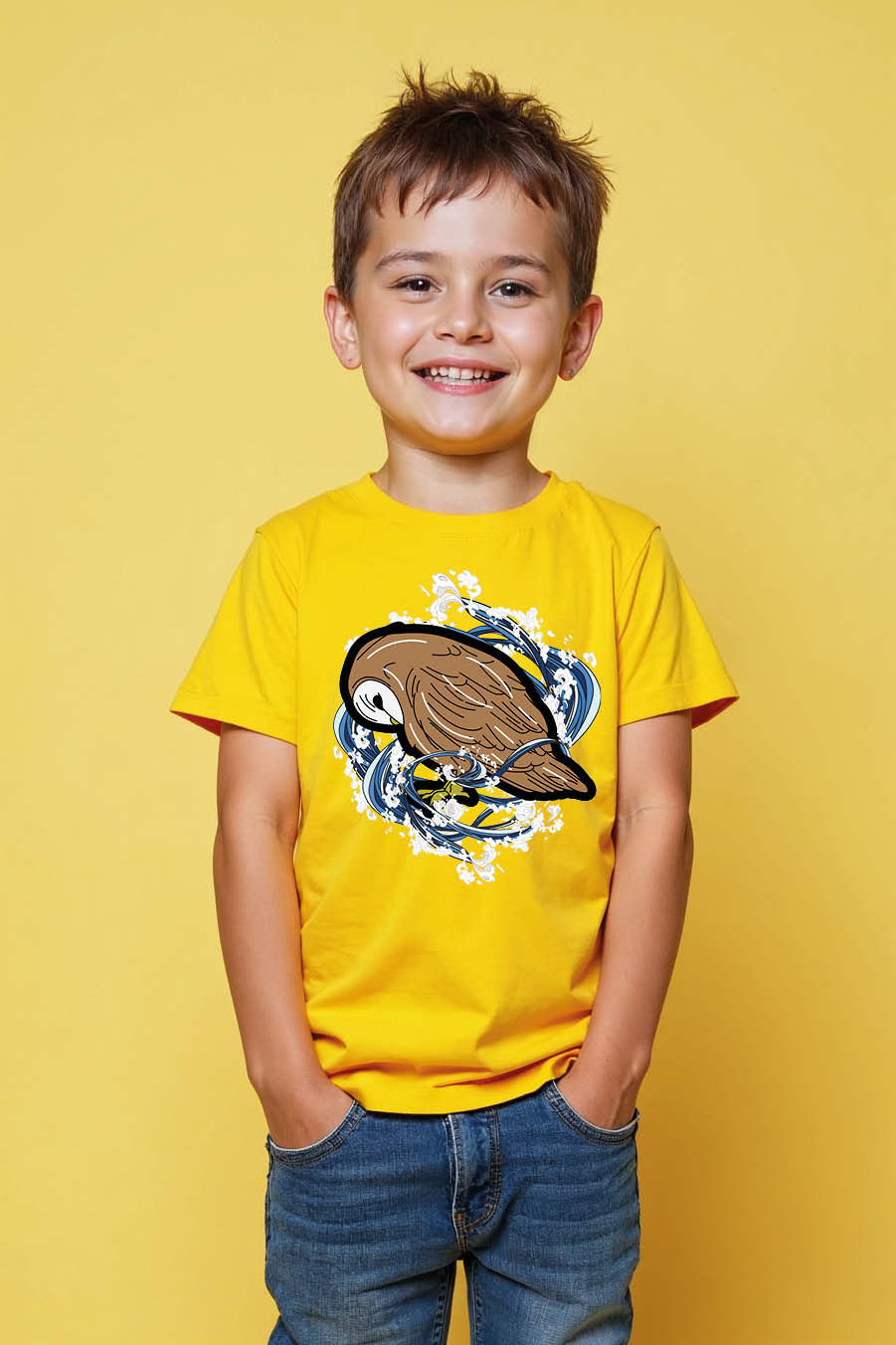 Thumbnail: Barn Owl and Japanese Wave Art Graphic Premium Trendy Printed Tee for Kids
