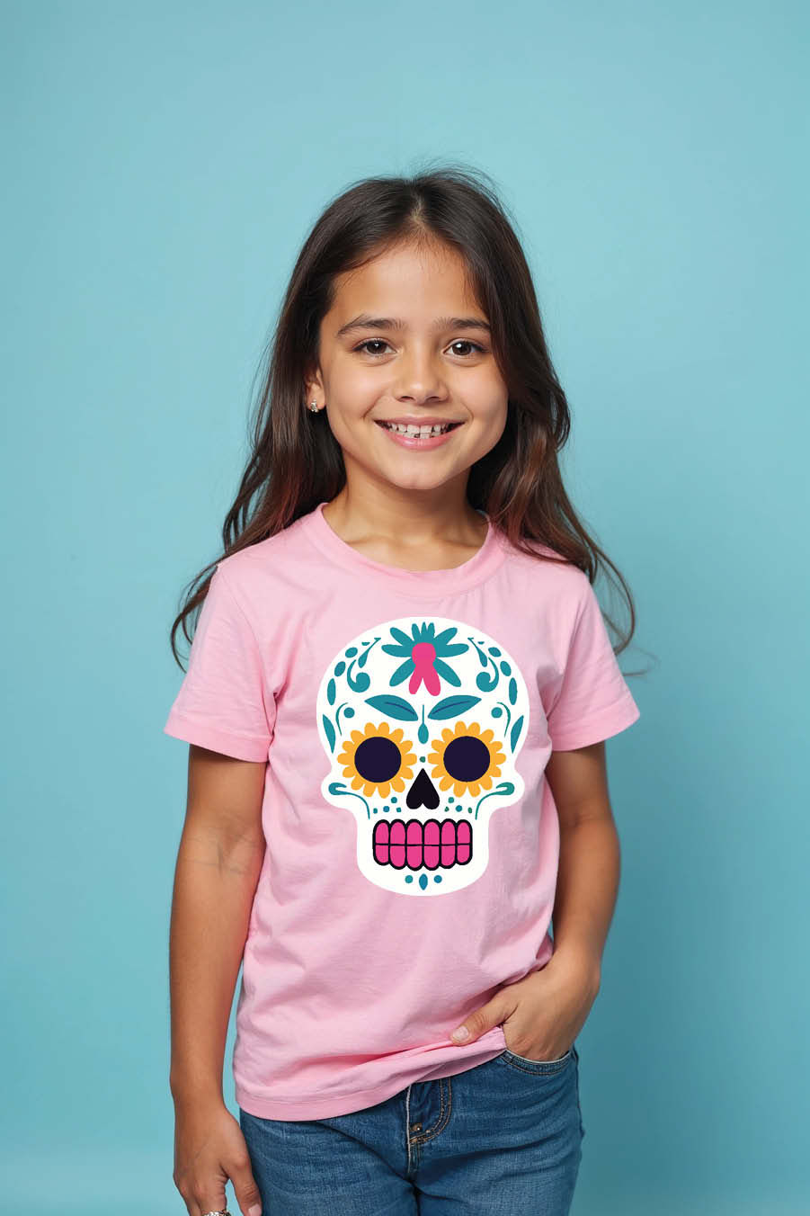 Thumbnail: Vibrant Sugar Skull Graphic Kids T-Shirt – Cool Unisex Design for Boys & Girls