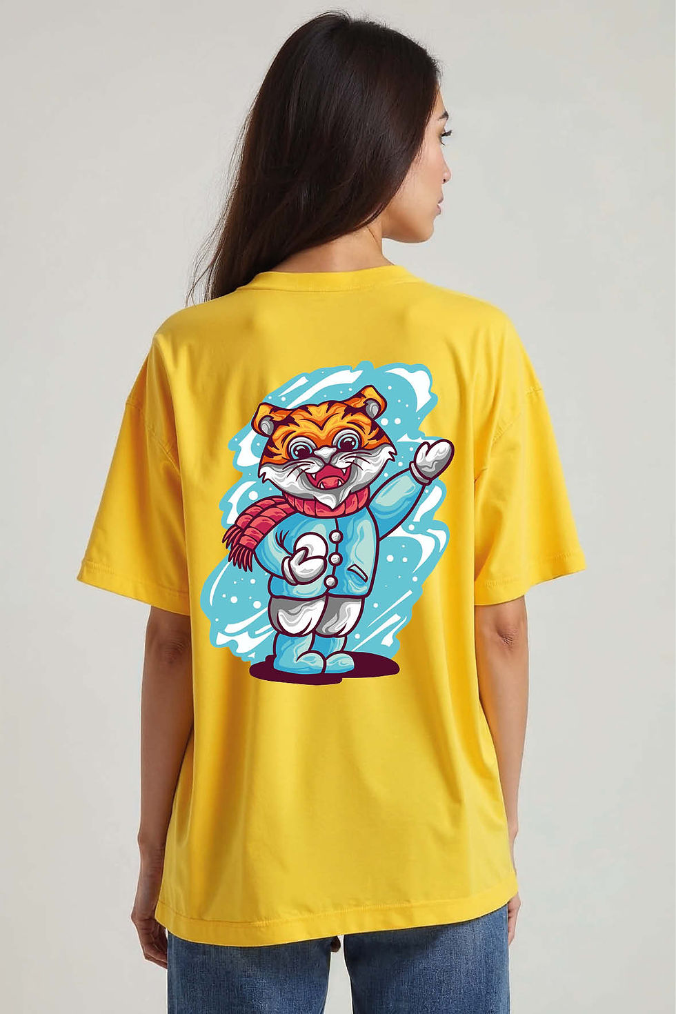 Winter Tiger Cartoon Unisex Oversized Drop Shoulder Tees For Men & Women