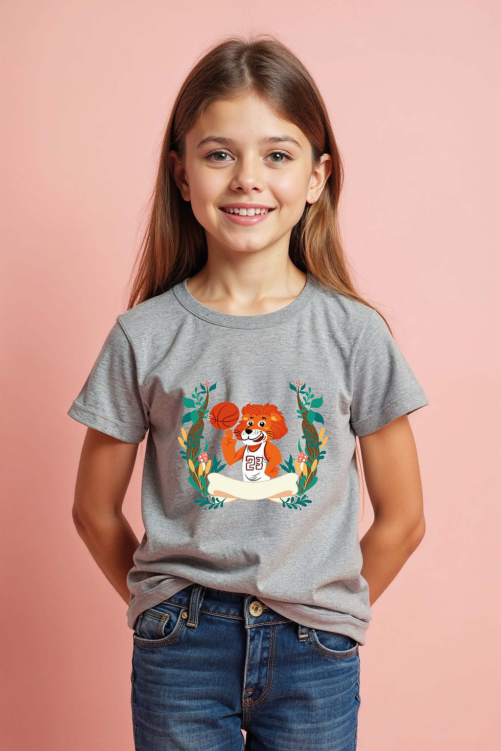 Thumbnail: Cute Red Lion Basketball Jersey Number T-Shirt Soft Unisex Kids Graphic Tee
