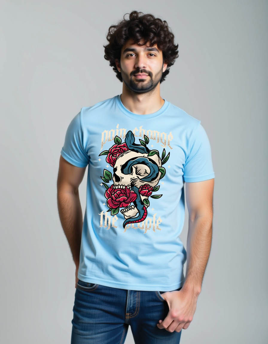 Thumbnail: skull head bite rose with snake wrapped around mens printed graphic t shirts