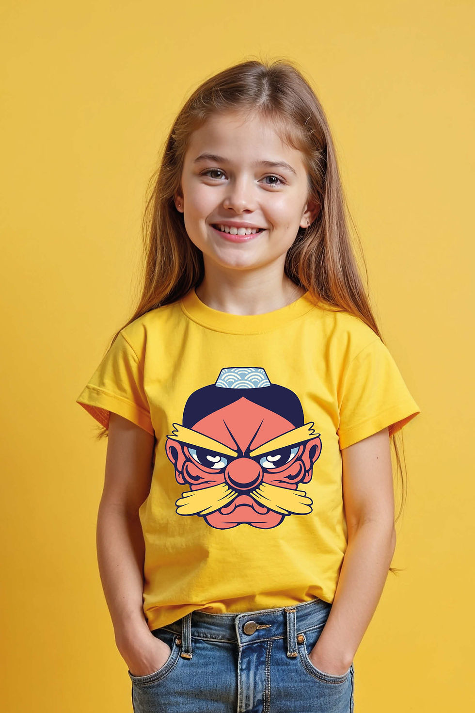 Angry Red Japanese Tengu with Yellow Moustache Kids Cotton Cute Kids Typography
