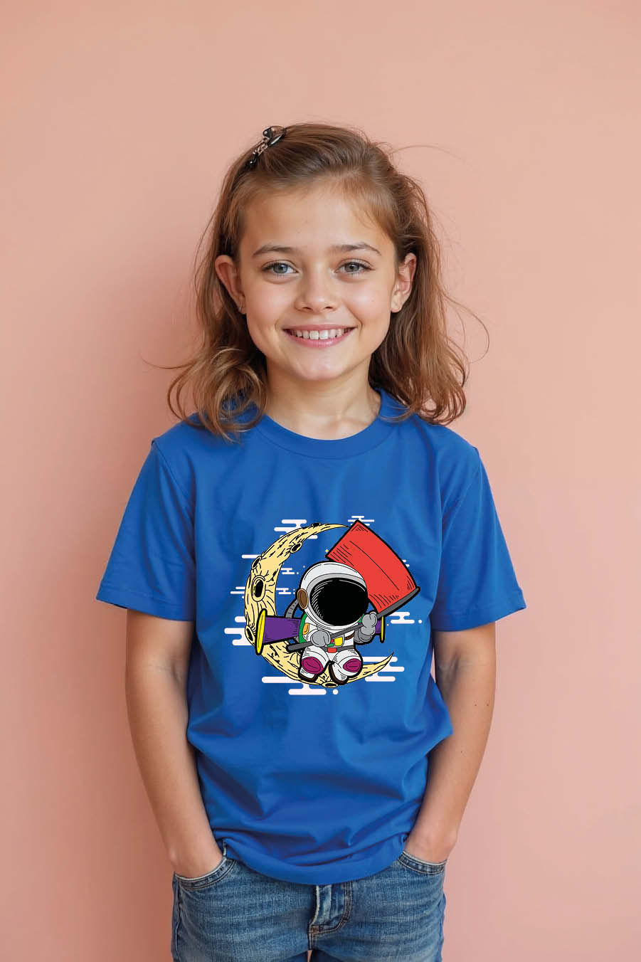 Thumbnail: Astronaut Planting Flag on Crescent Moon Graphic Stylish Kids Printed T-Shirt