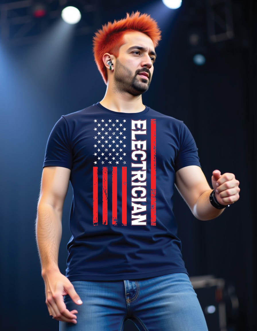 Thumbnail: american flag with electrician design template mens printed graphic t shirt