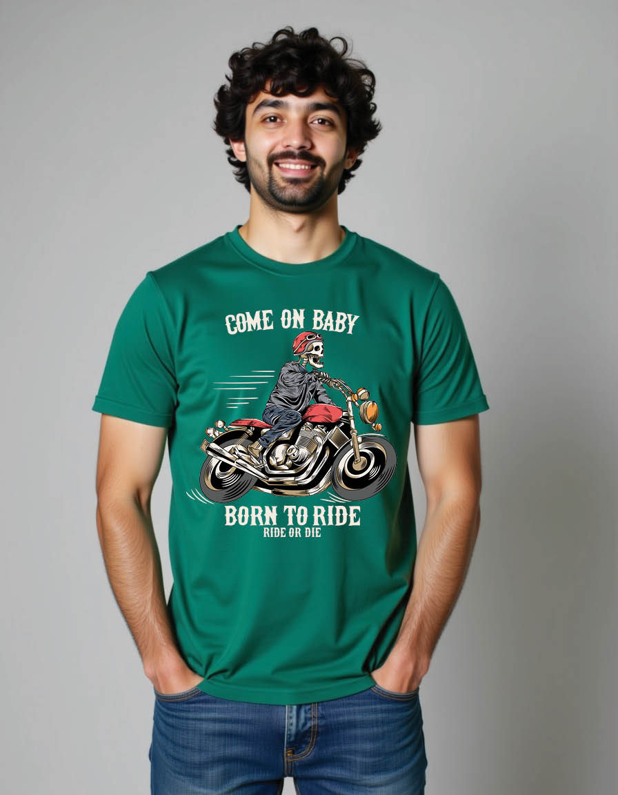 Thumbnail: vintage skeleton riding old motorcycle mens printed graphic t shirts