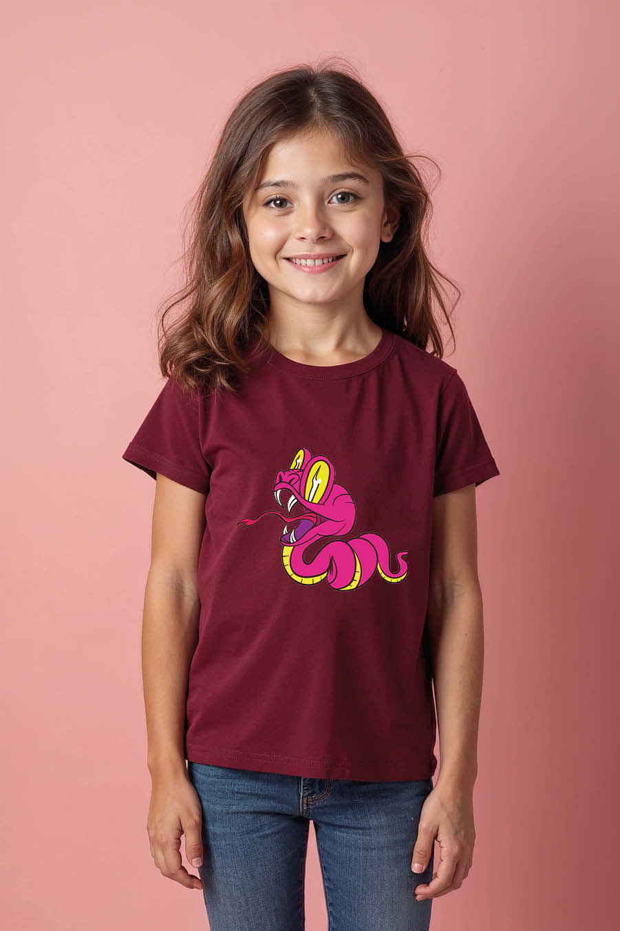 Vibrant Pink Cartoon Snake Graphic T-Shirt Stylish Cartoon Printed T-Shirt
