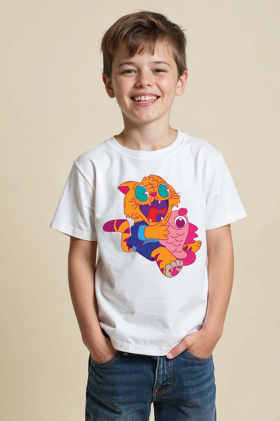 Excited Cartoon Cat Hugging a Fish T-Shirt Modern Casual Kids Printed T-Shirt