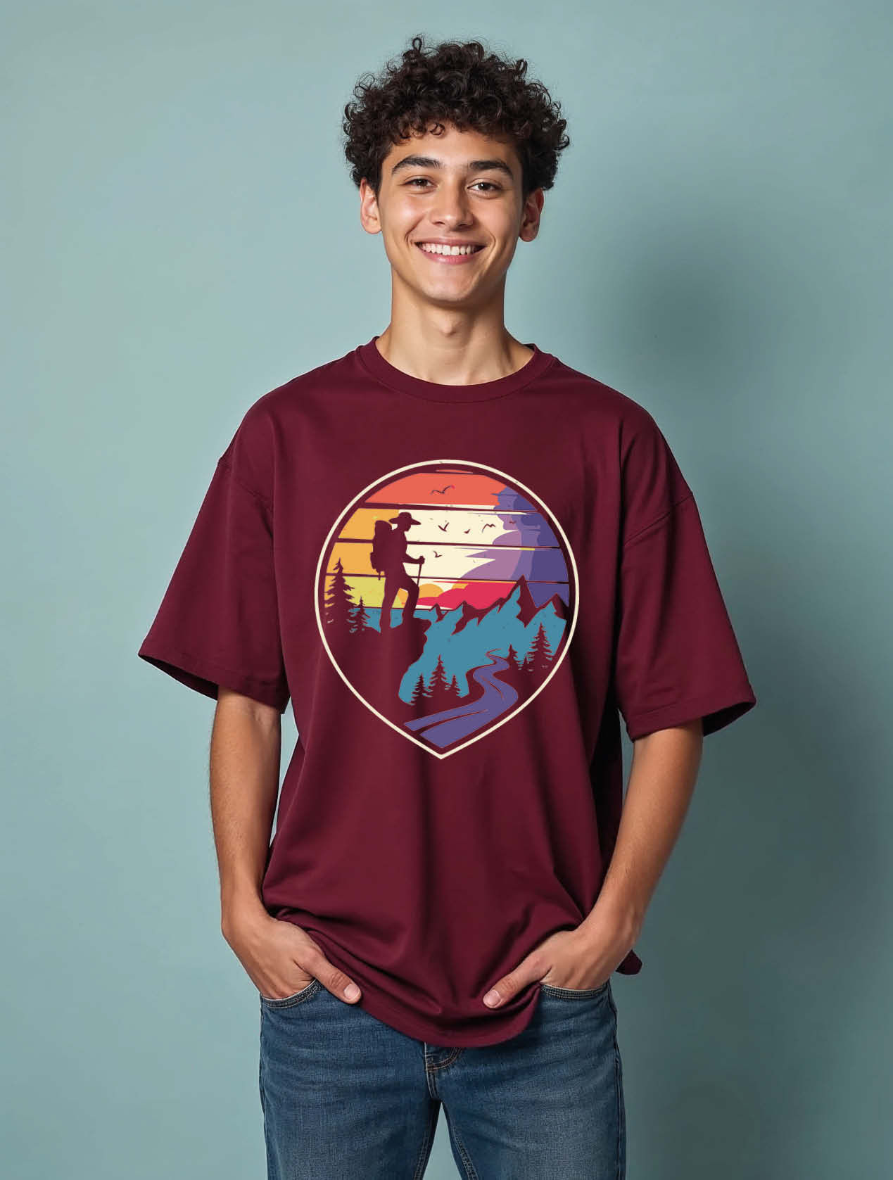 Retro Sunset Hiking Casual Unisex Drop Shoulder Oversized T-Shirt
