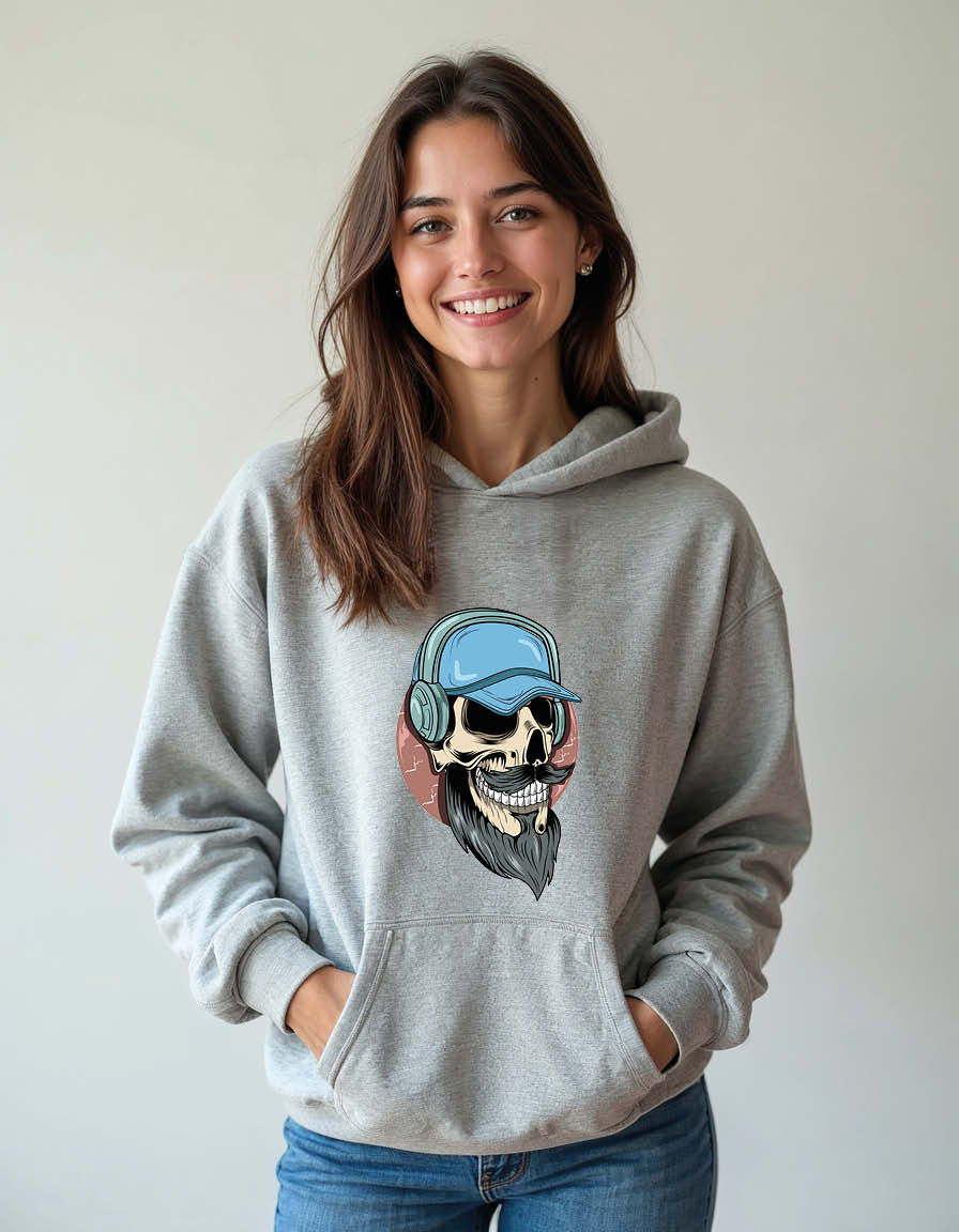 Thumbnail: Skull wearing hat and headphone Unisex Printed Graphic Hoodies