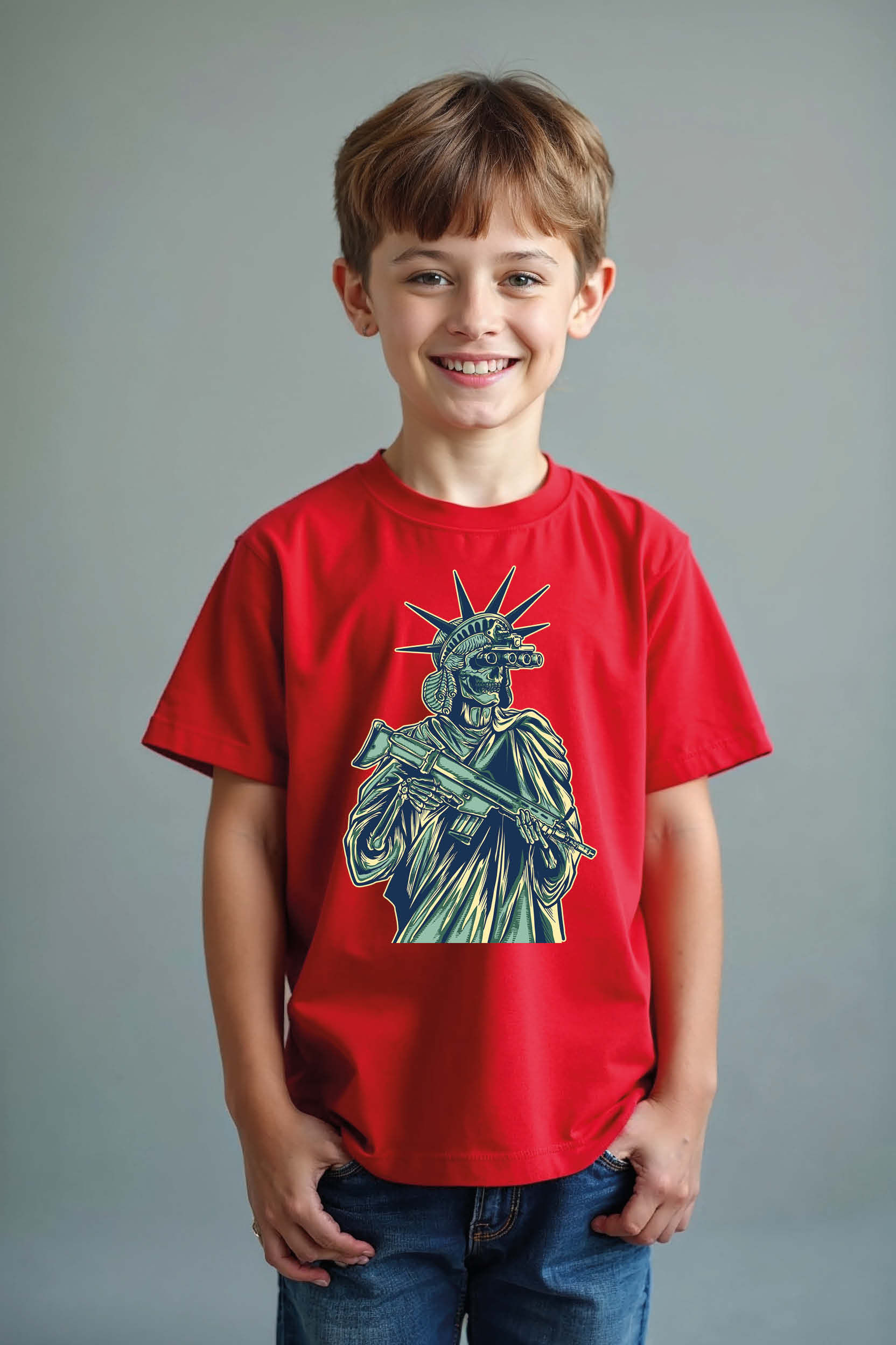 Military Skull Statue of Liberty Graphic Tee Modern Cool Cartoon Kids T-Shirt