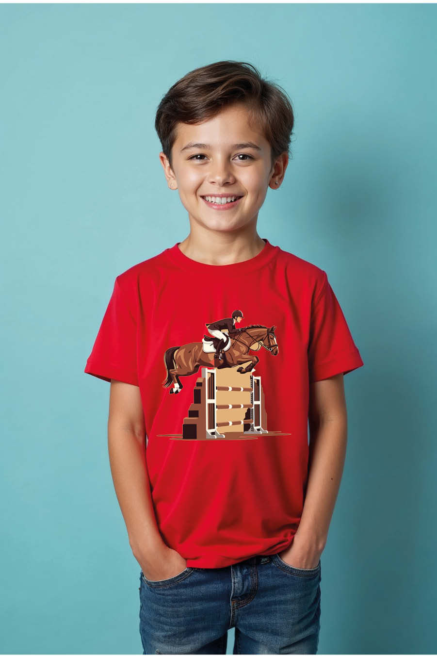 Thumbnail: Horse Show Jumping Casual Stylish Kids Graphic T-Shirt – Drawing Print Design