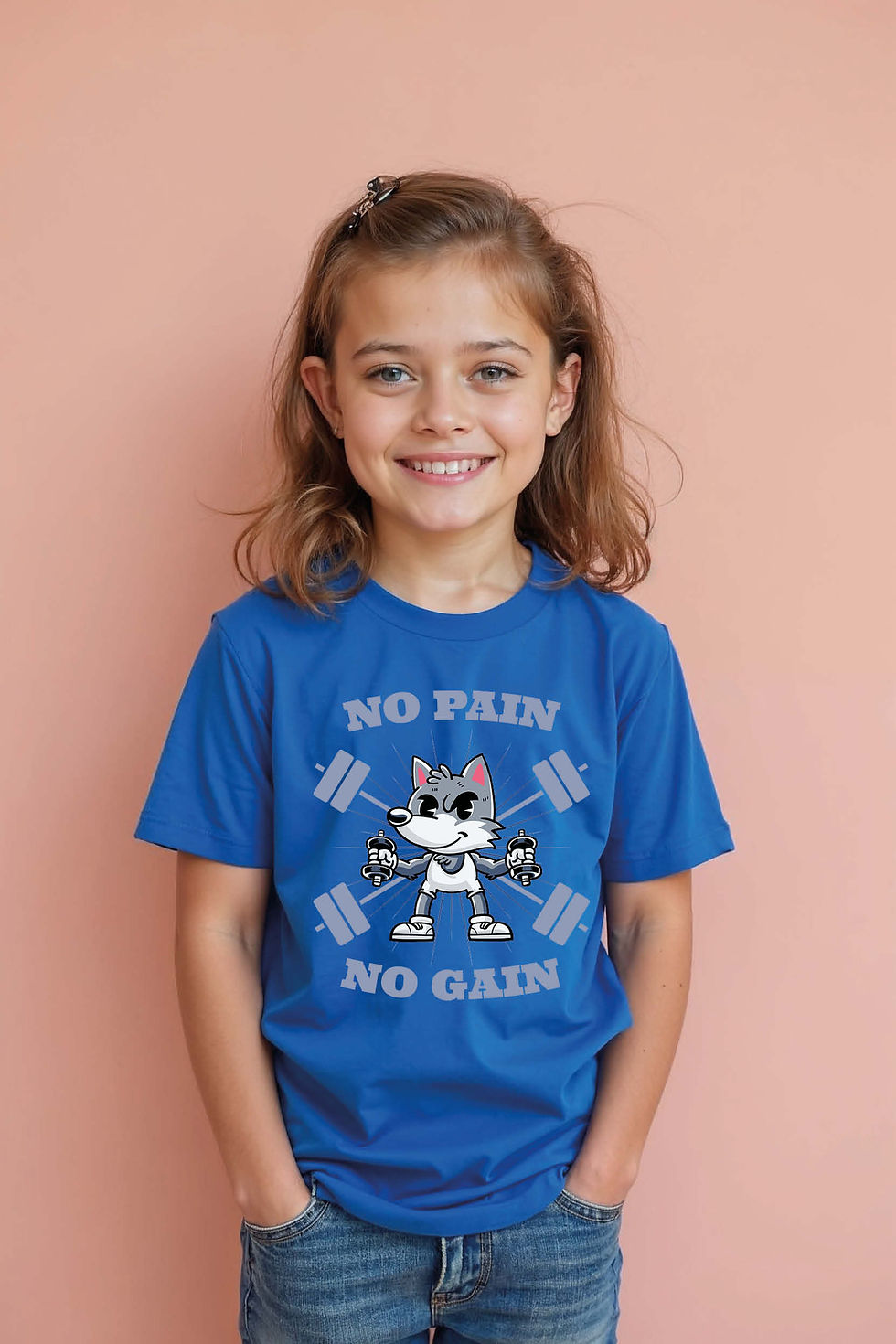Thumbnail: "No Pain No Gain" Gym Wolf Weightlifting T-Shirt for Kids Stylish Cartoon