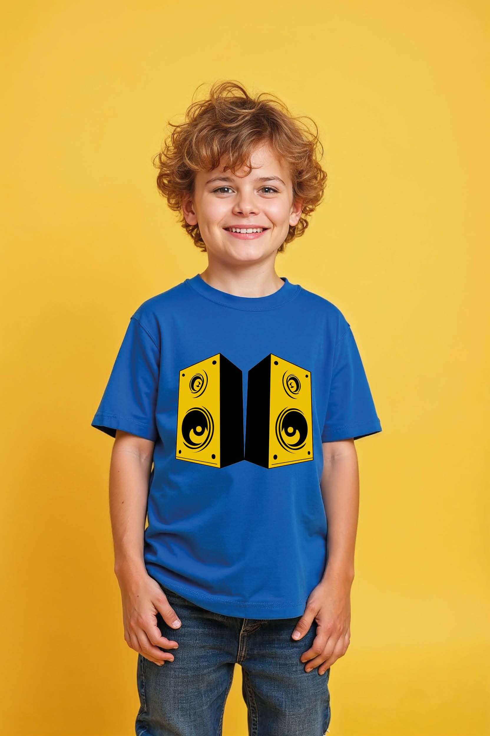 Dual Yellow Speaker Towers Cute Unisex Kids Graphic Tee – Graphic Print Design