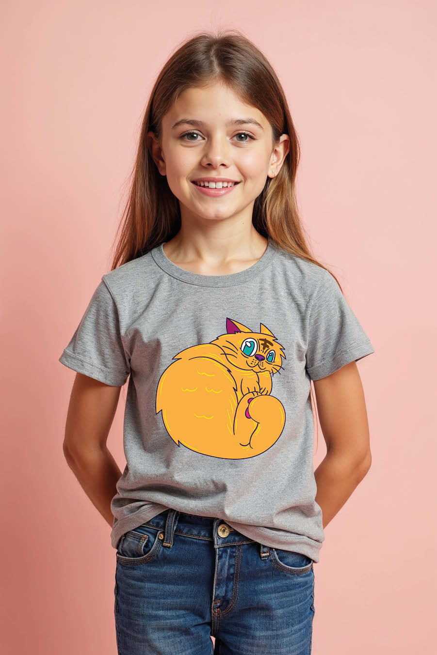 Thumbnail: Fluffy Curled-Up Orange Cat Graphic T-Shirt Playful Casual Kids Printed T-Shirt