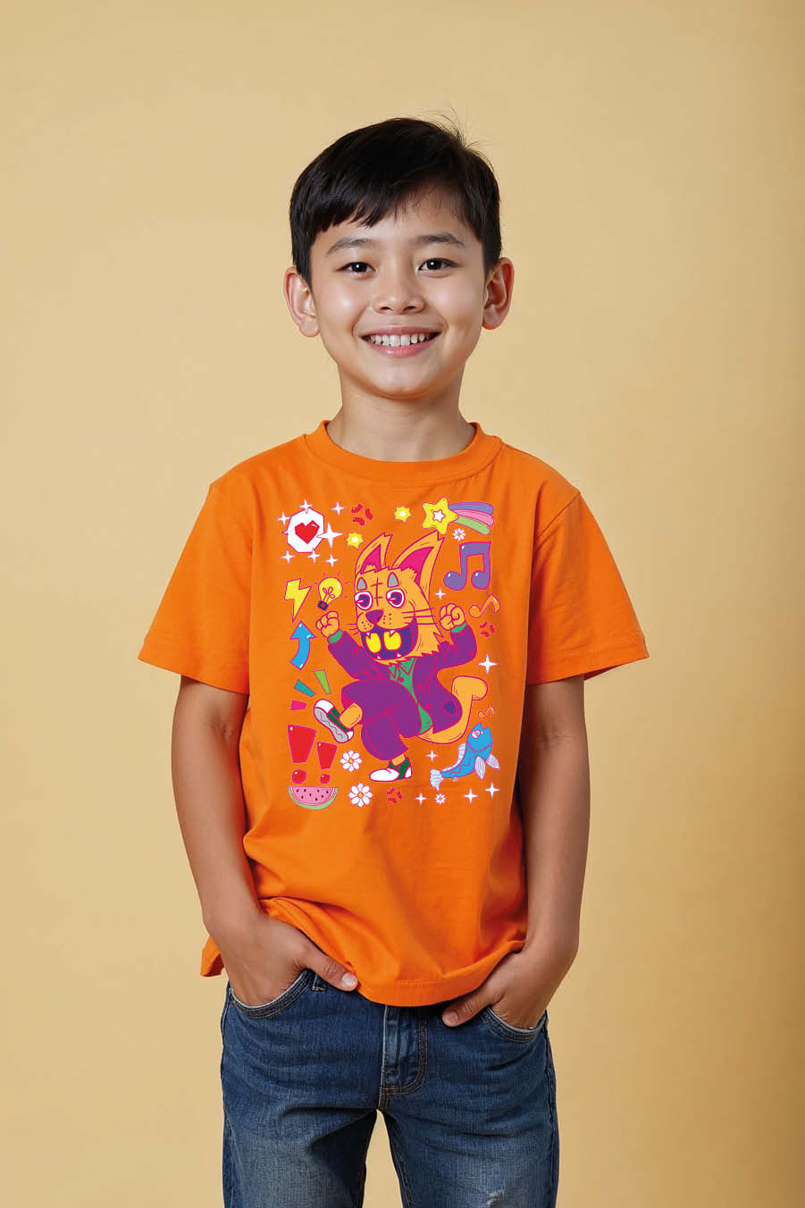 Thumbnail: Cartoon Pop Art Cat Character Graphic Cotton Cool Kids T-Shirt – Design