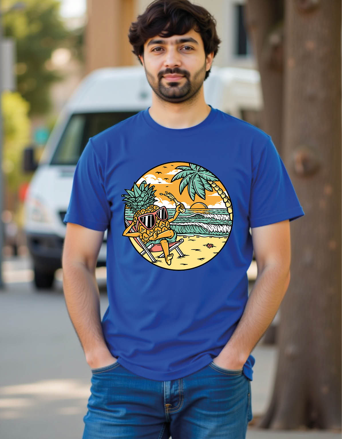 cartoon pineapple beach with waves mens printed graphic t shirt