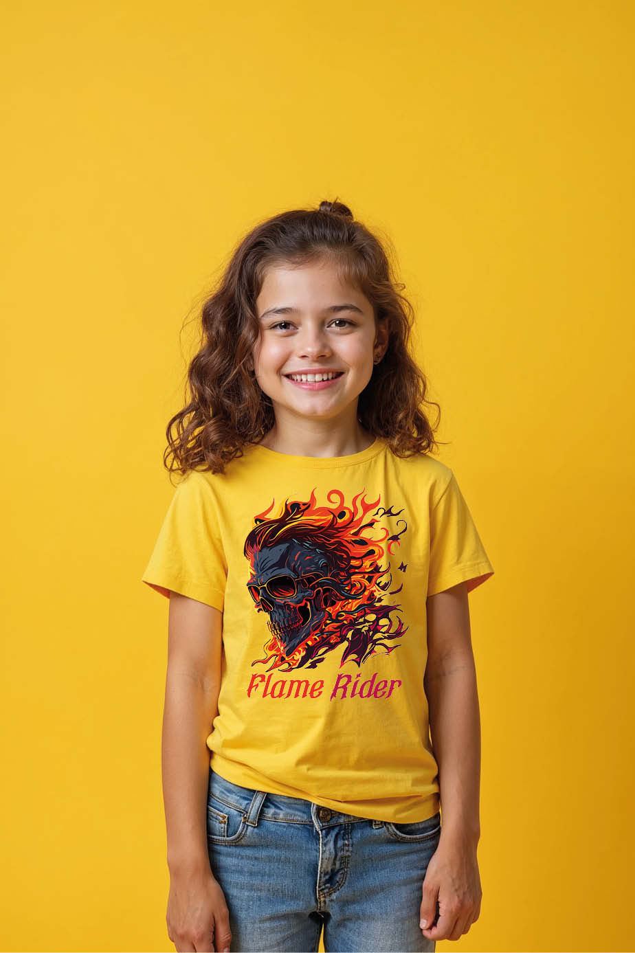 Flame Rider Skull Graphic T-Shirt – Fiery Biker Style Playful Stylish Kids