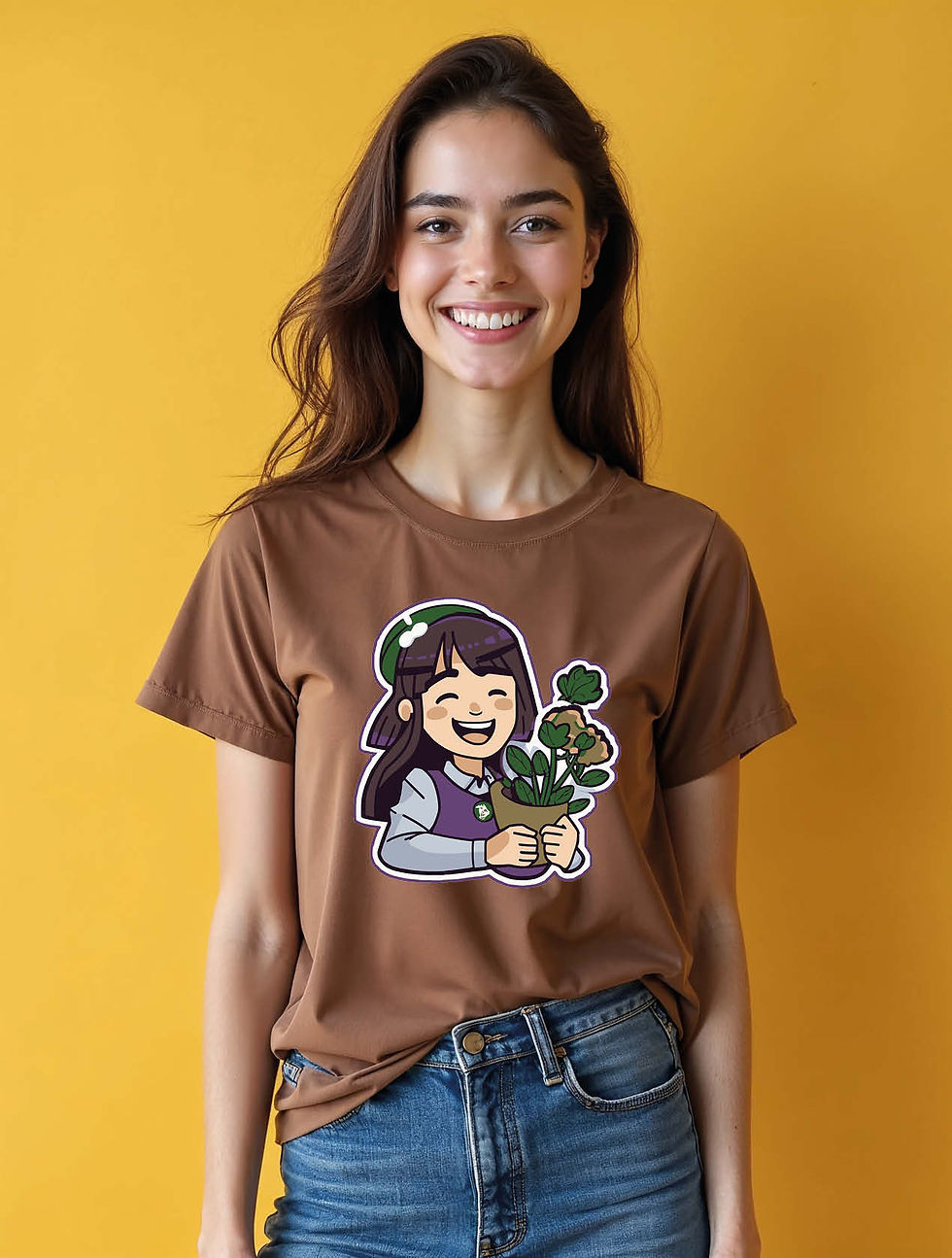 Thumbnail: Happy Girl with Potted Plant Stylish Women’s Streetwear T-Shirt – Best Price
