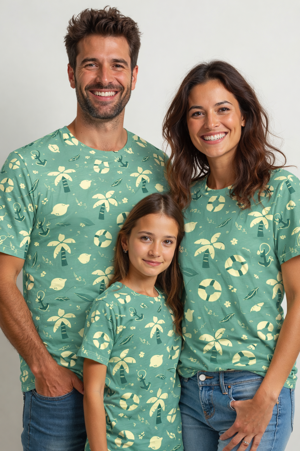 Tropical-themed family matching printed T-shirts pack of 3