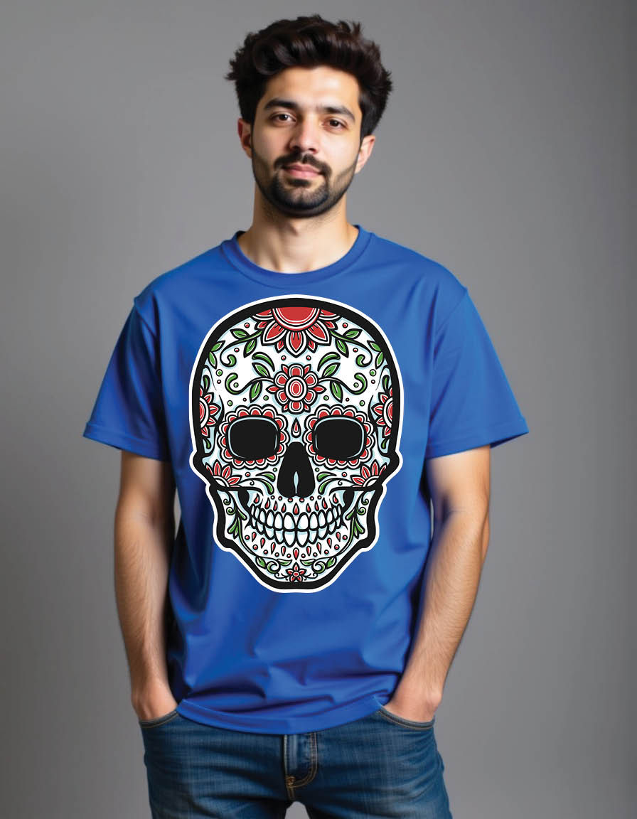 Thumbnail: sugarskull with floral ornament mens printed graphic t shirt
