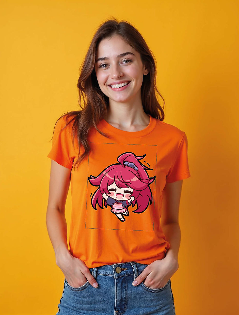 Thumbnail: Smiling Chibi Pink-Haired Anime Girl  Casual Women’s Streetwear T-Shirt – Sale