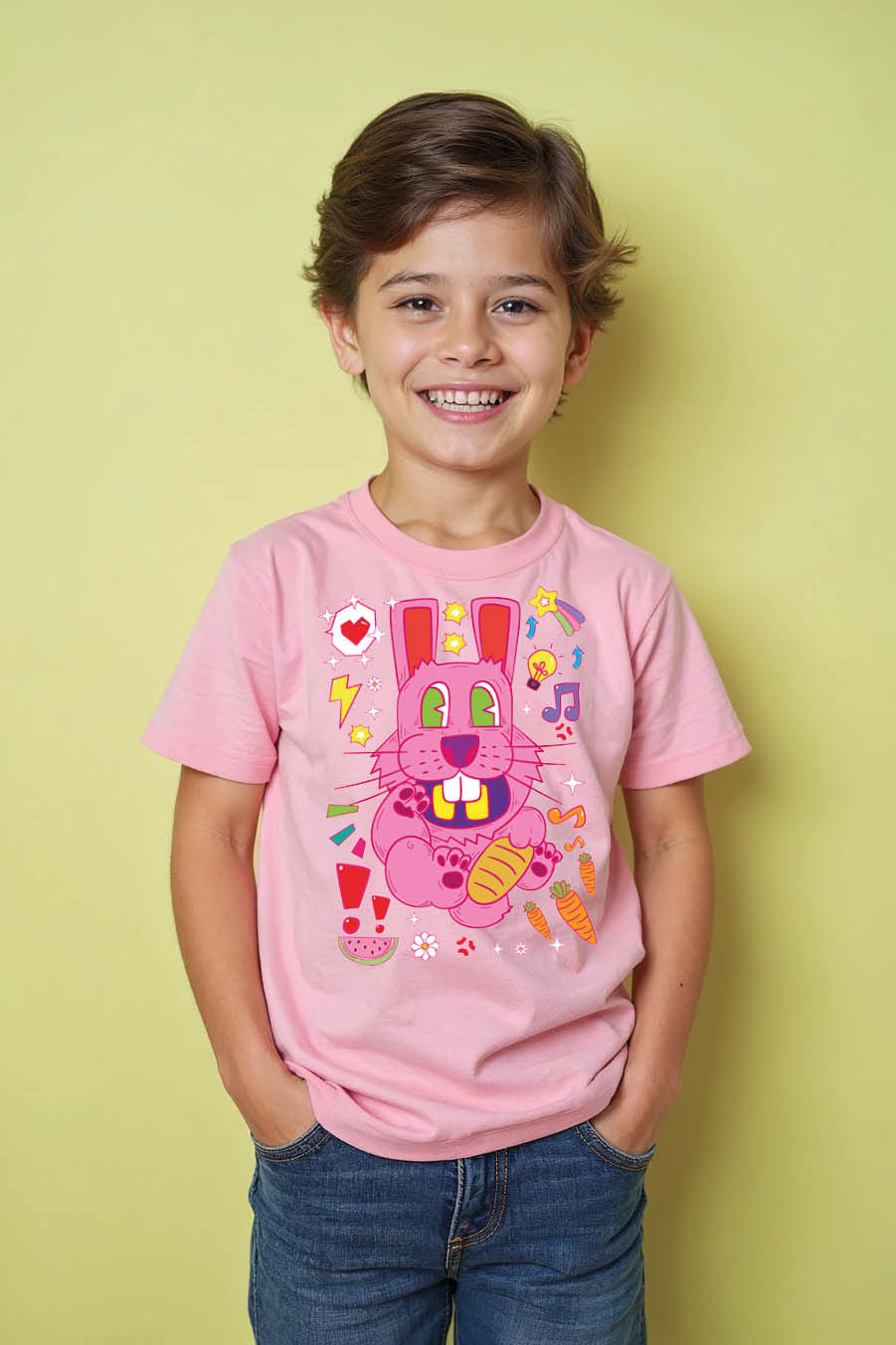 Thumbnail: Kids T-Shirt with Pink Cartoon Bunny and Emojis Graphic t shirt buy now