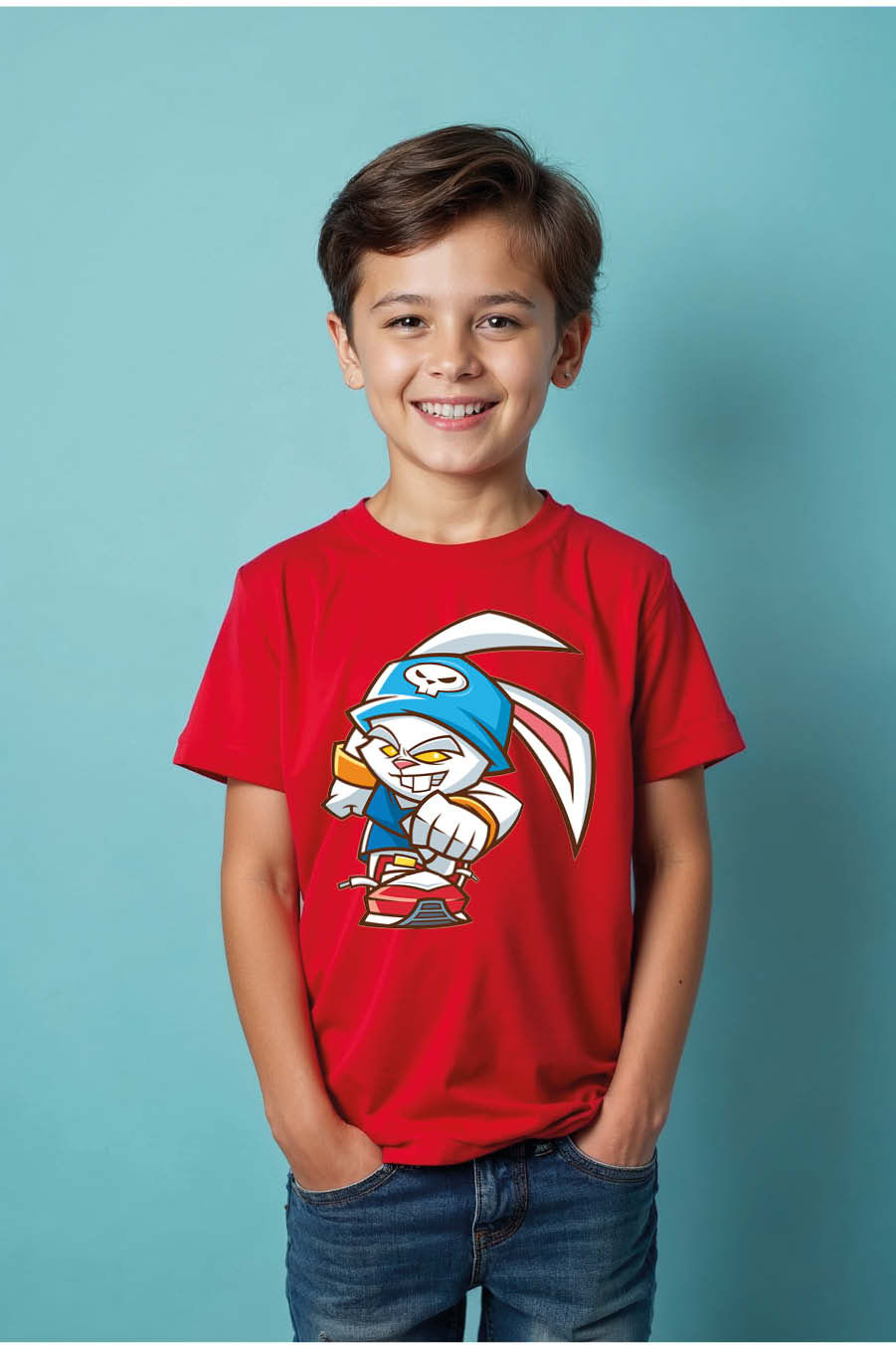 Thumbnail: Mischievous Rabbit Skateboarder Graphic T-Shirt Premium Kids Graphic Tee