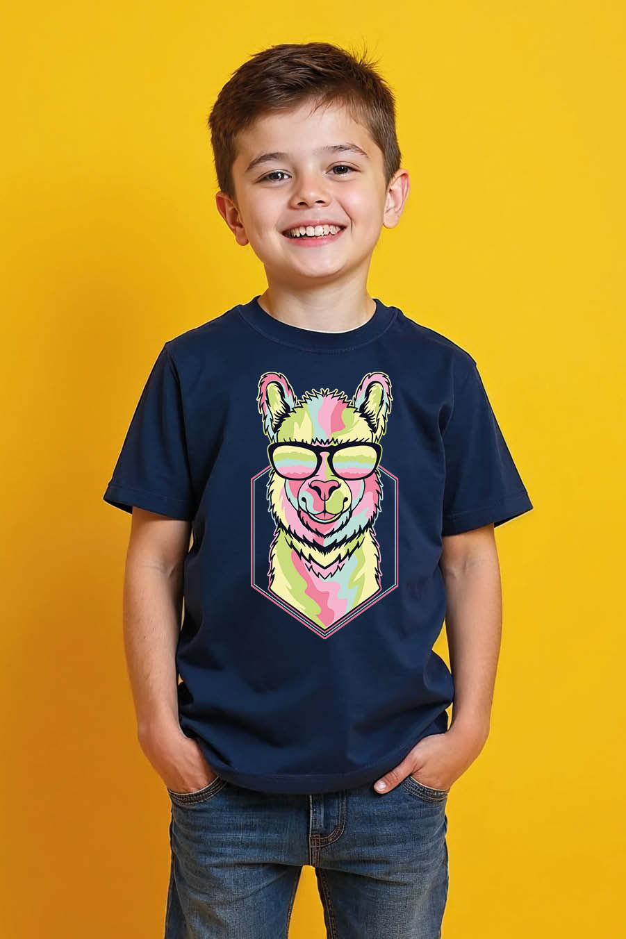 Colorful Tie-Dye Llama with Sunglasses T-Shirt Everyday Kids Printed T-Shirt