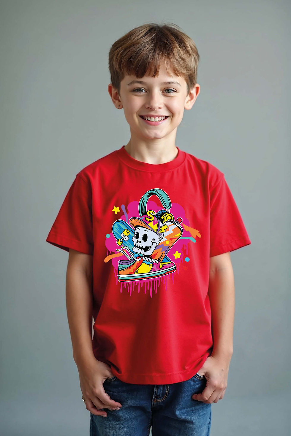 Thumbnail: Skater Skeleton Graphic Kids T-Shirt – Cool Street Art Style Tee for Boys & Girl