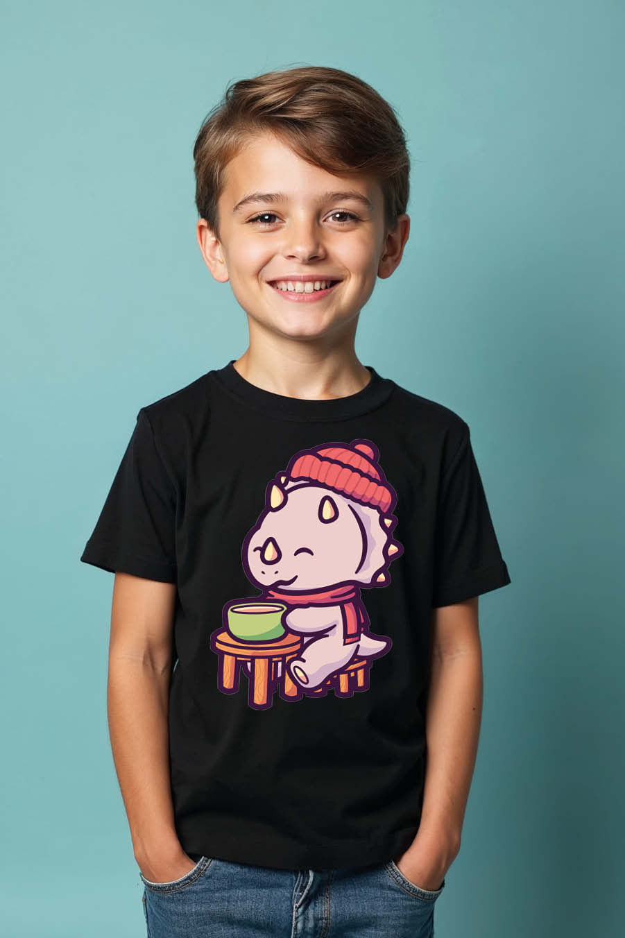 Thumbnail: Cute Triceratops with Beanie and Soup Kids T-Shirt Comfortable Typography Print