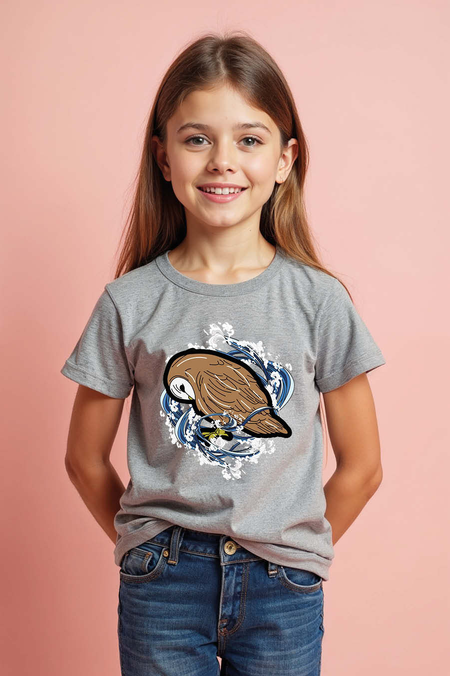 Thumbnail: Barn Owl and Japanese Wave Art Graphic Premium Trendy Printed Tee for Kids
