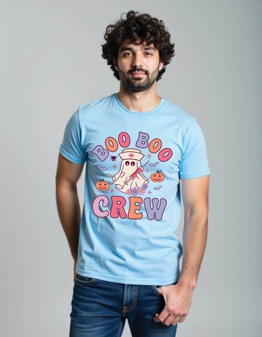 Thumbnail: boo boo crew retro groovy halloween mens printed graphic t shirt