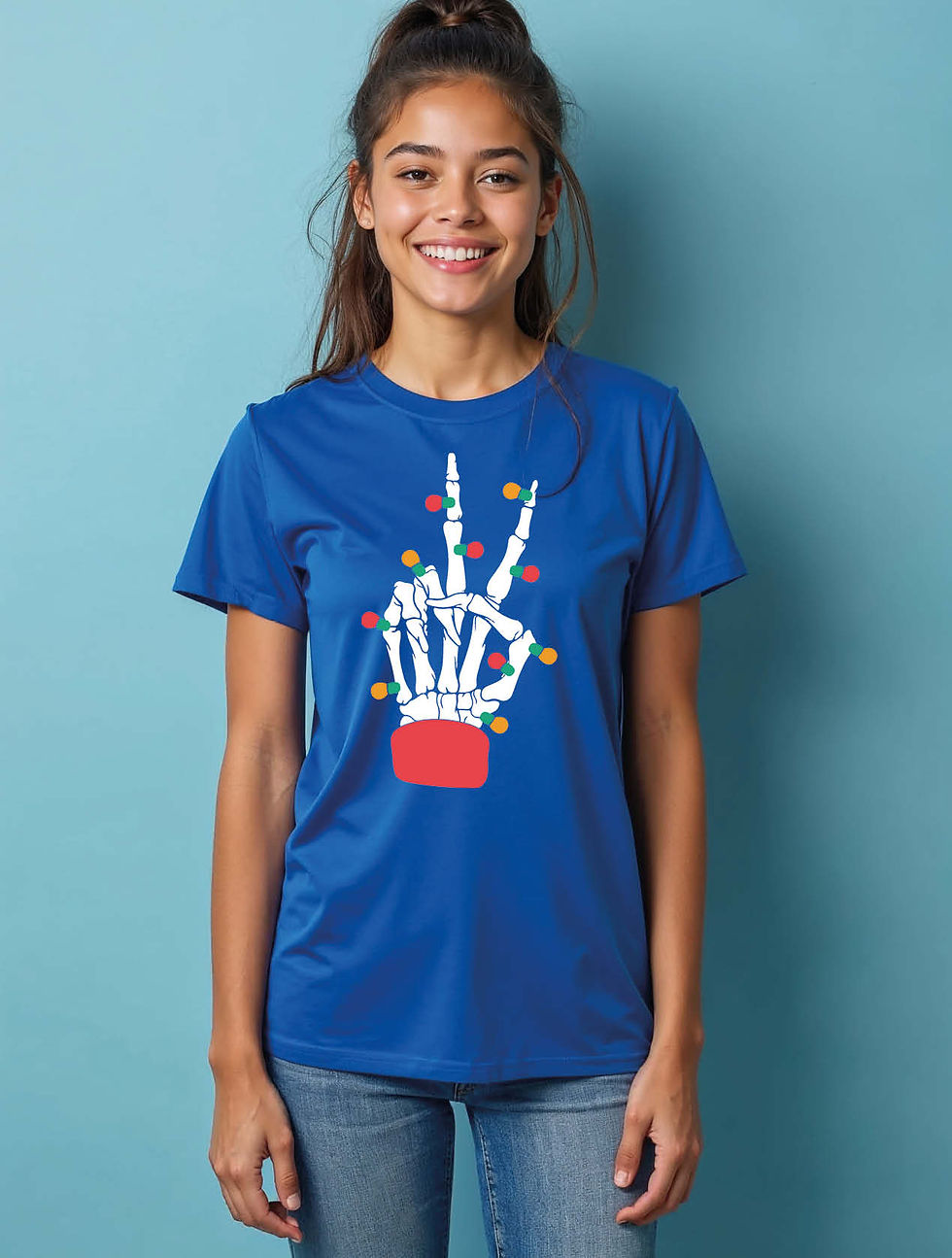 Thumbnail: Peace Sign Skeleton Hand Christmas Trendy Women’s Printed Graphic Streetwear Tee