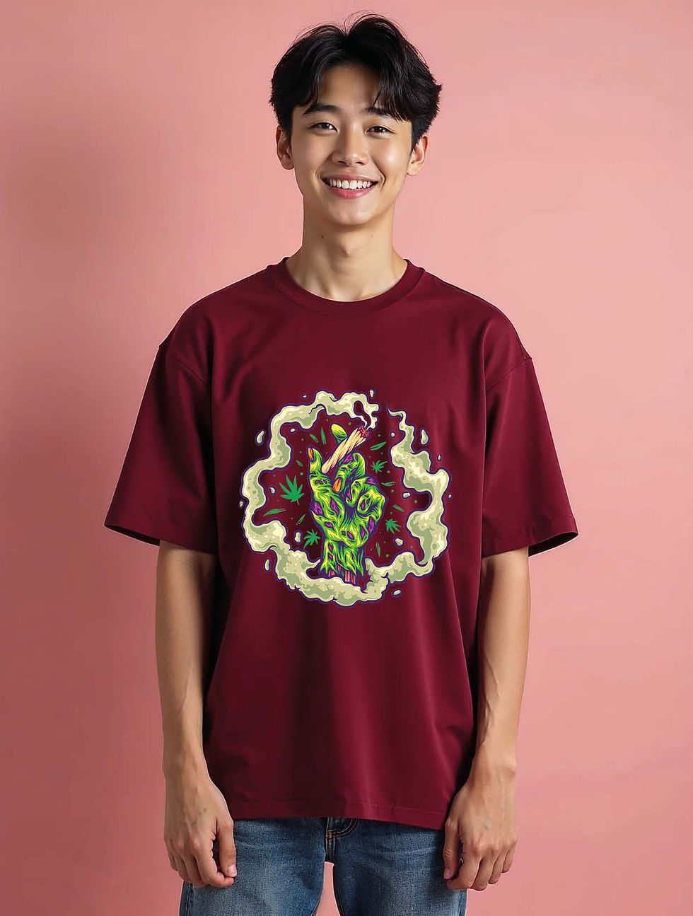 Thumbnail: Smoking Green Zombie Fist Urban Graphic Unisex Drop Shoulder Oversized T-Shirt