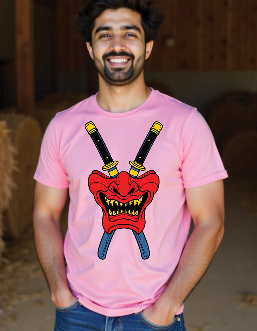 Thumbnail: half face oni mask with samurai mens printed graphic t shirt
