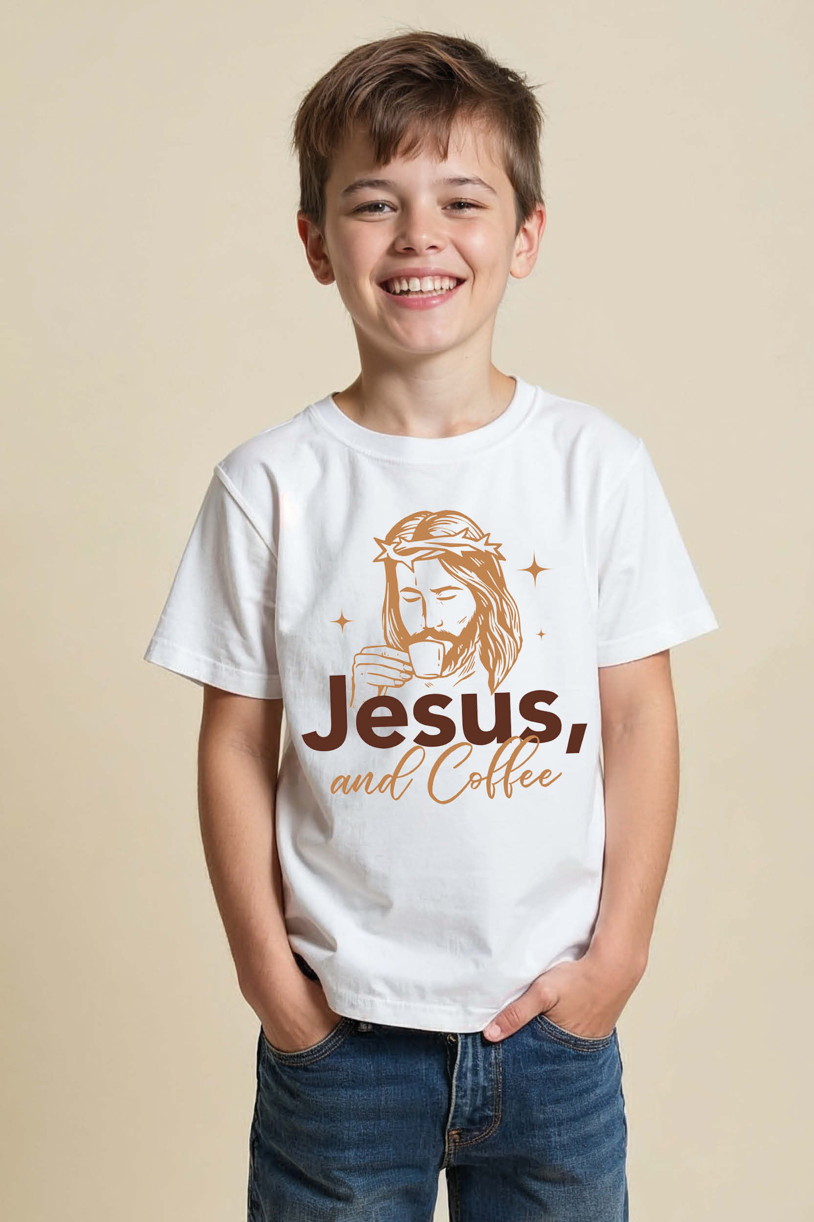 "Jesus, and Coffee" Humorous Graphic T-Shirt Modern Trendy Printed Tee for Kids