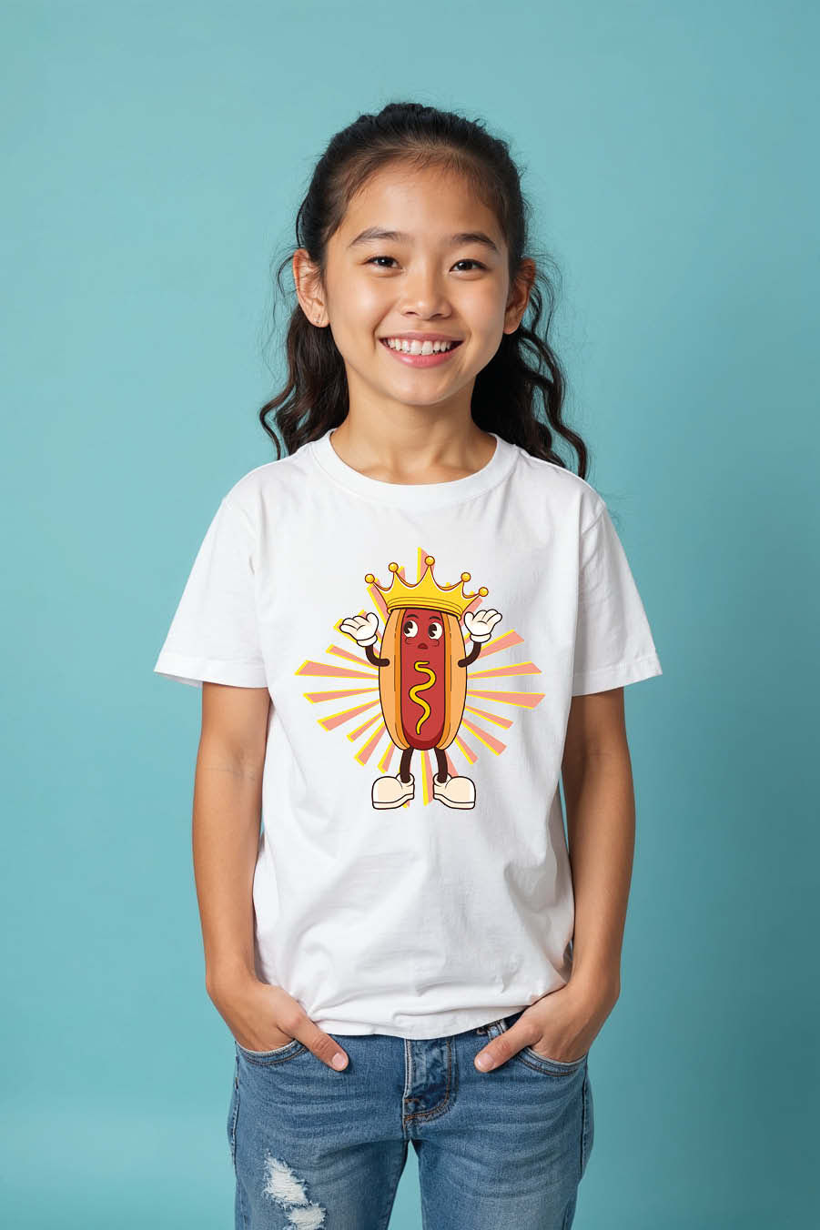Thumbnail: Hotdog King Look like A Royal Modern Cool Cartoon Kids T-Shirt – Quote Print