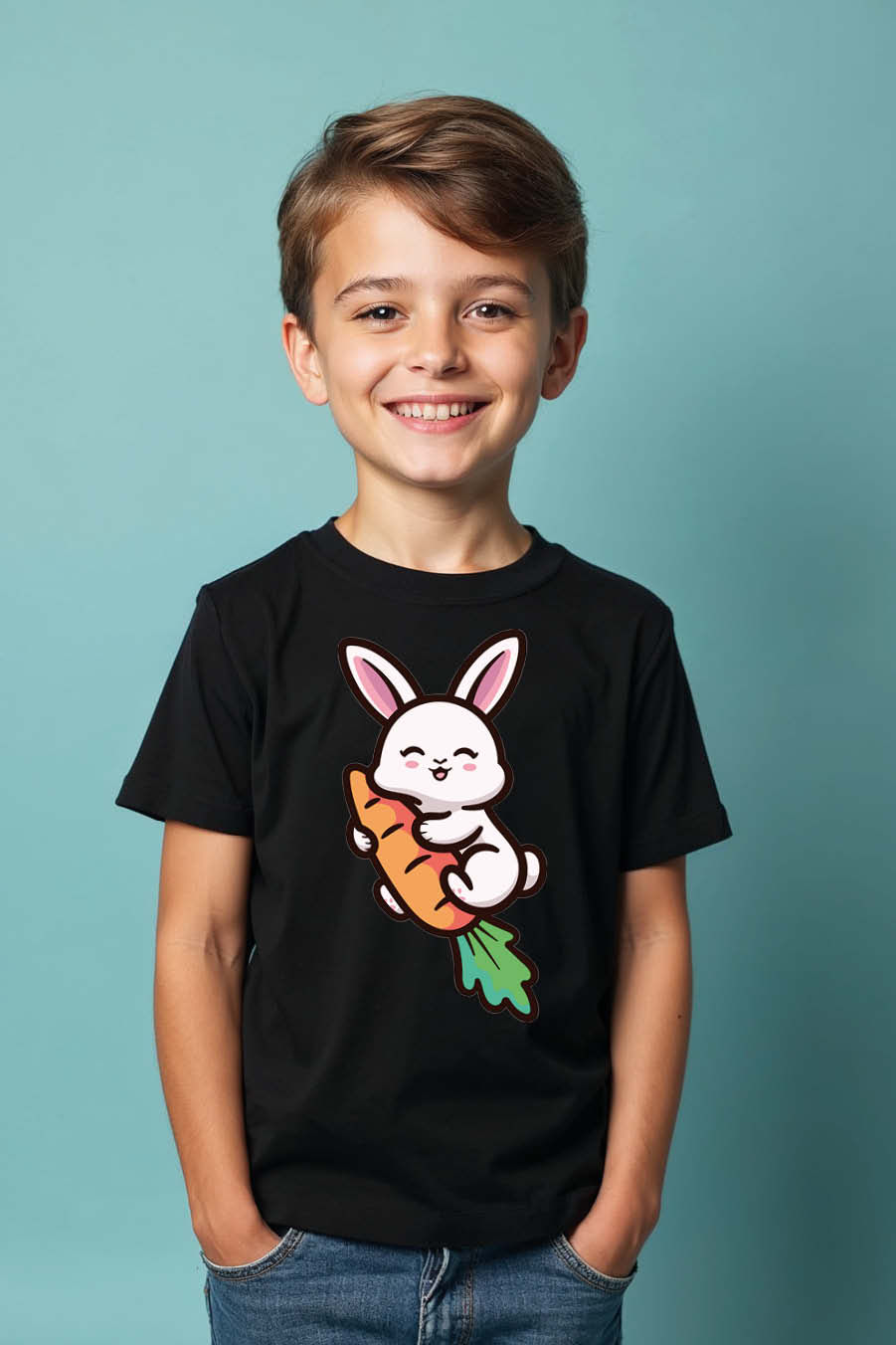 Thumbnail: Happy Bunny Hugging Carrot Cool Printed T-Shirt for Boys & Girls
