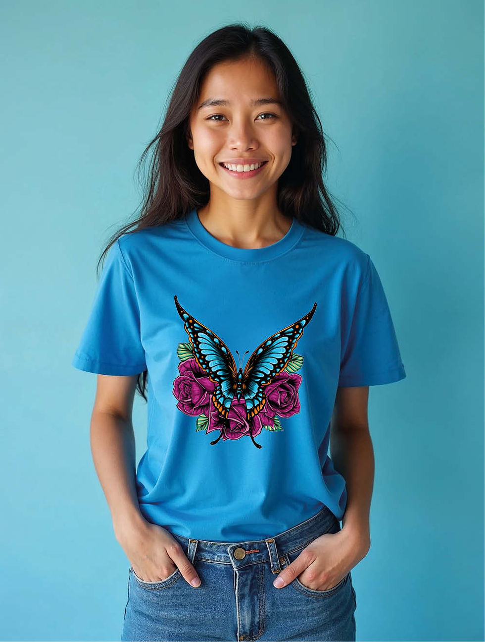 Thumbnail: Vibrant Blue Butterfly with Purple Roses Urban Women’s Printed Graphic T-Shirt