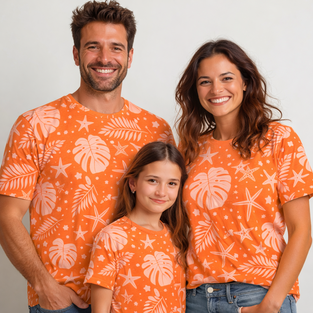 Beach-themed family matching printed T-shirts pack of 3