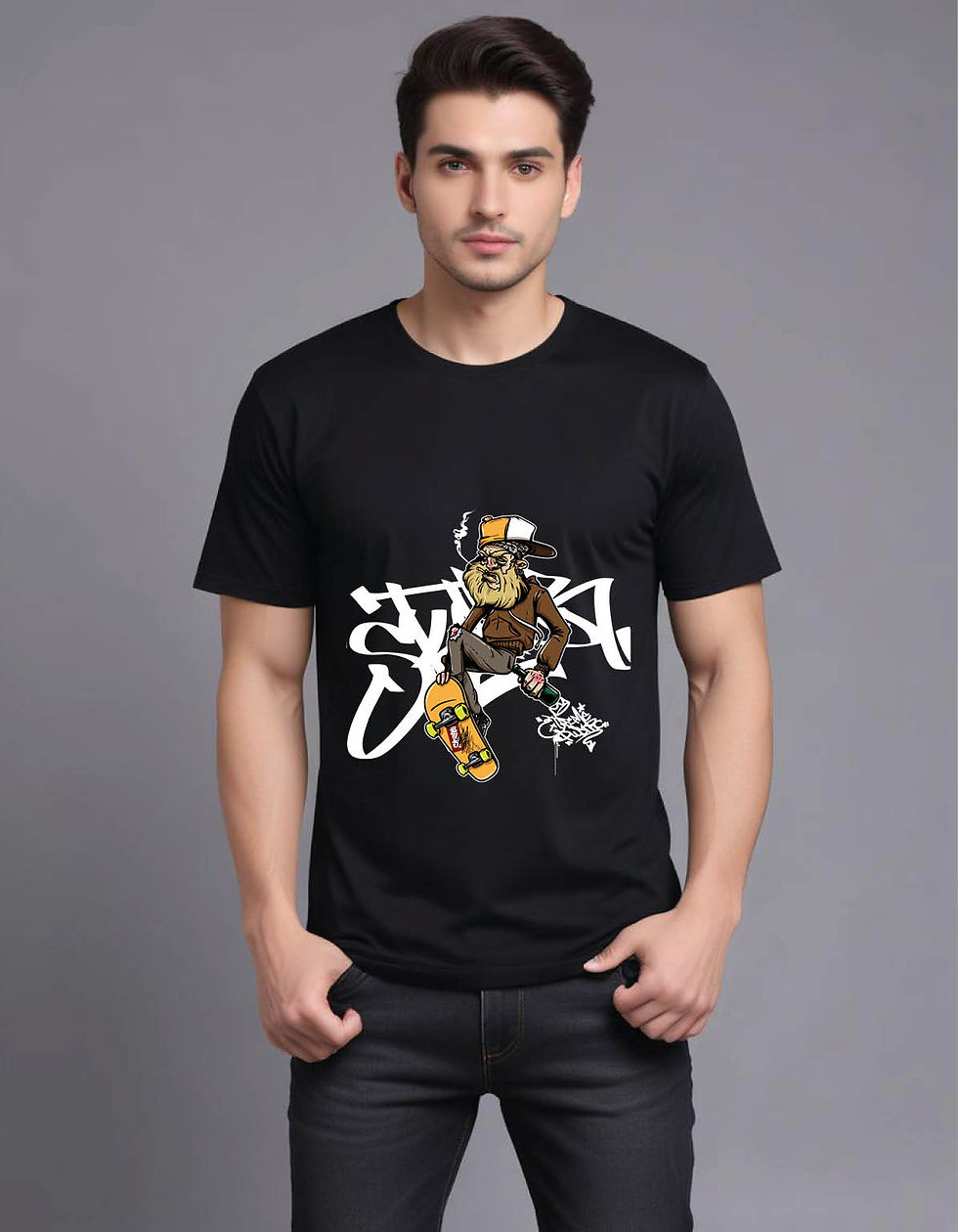 Thumbnail: hand drawn style hipster riding skateboard mens printed graphic t shirt