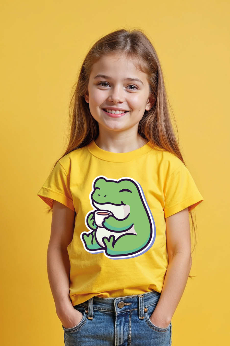 Thumbnail: Cozy Frog Sipping Tea Cute Trendy Printed Tee for Kids – Print Design