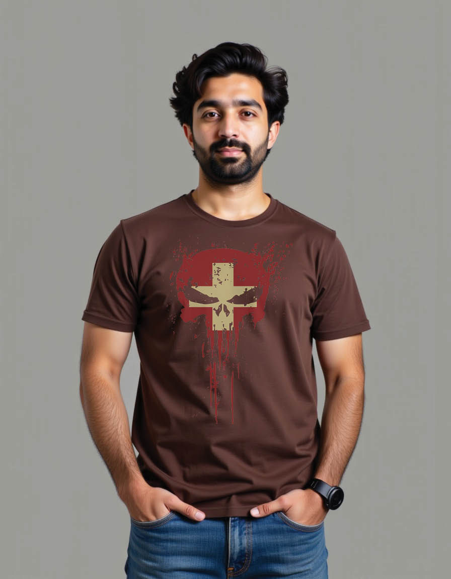 Thumbnail: skull head switzerland flag with grunge texture mens printed graphic t shirt