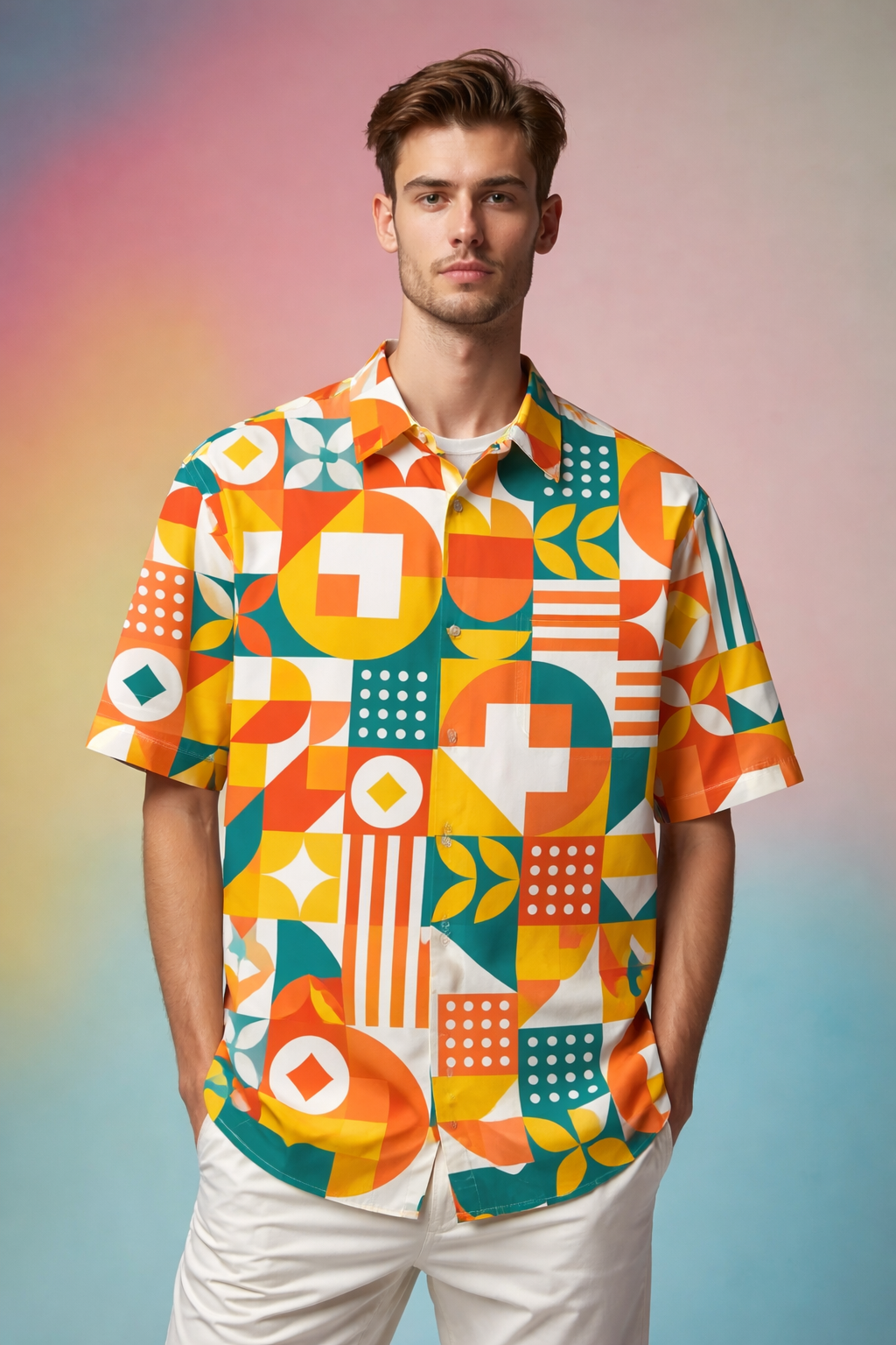 Vibrant patterns against soft pastels Ready Patterned AOP Oversized Shirt