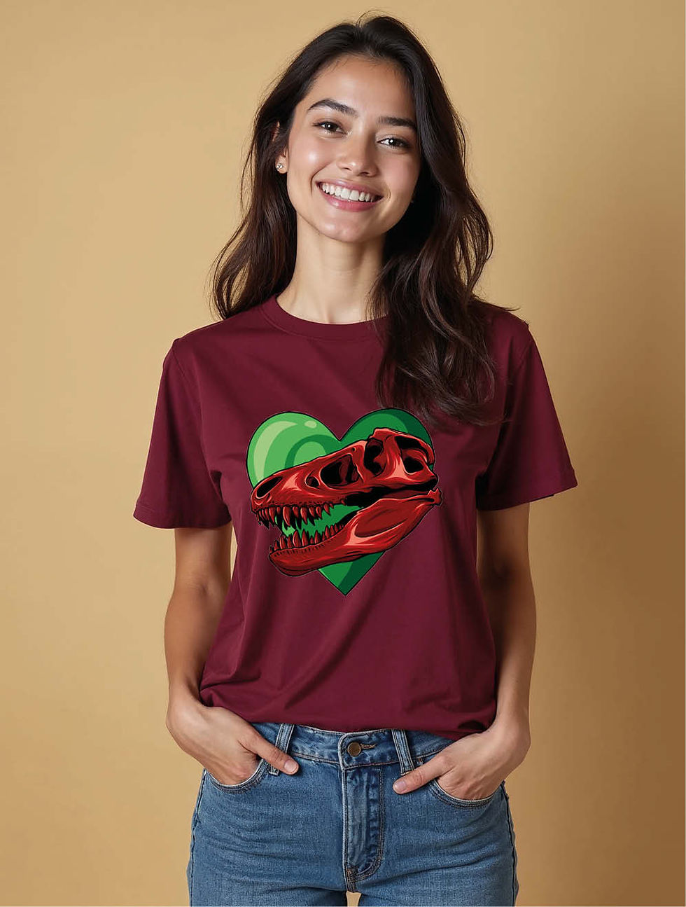 Thumbnail: Red Dinosaur Skull with Green Heart Trendy Women’s Printed Graphic T-Shirt
