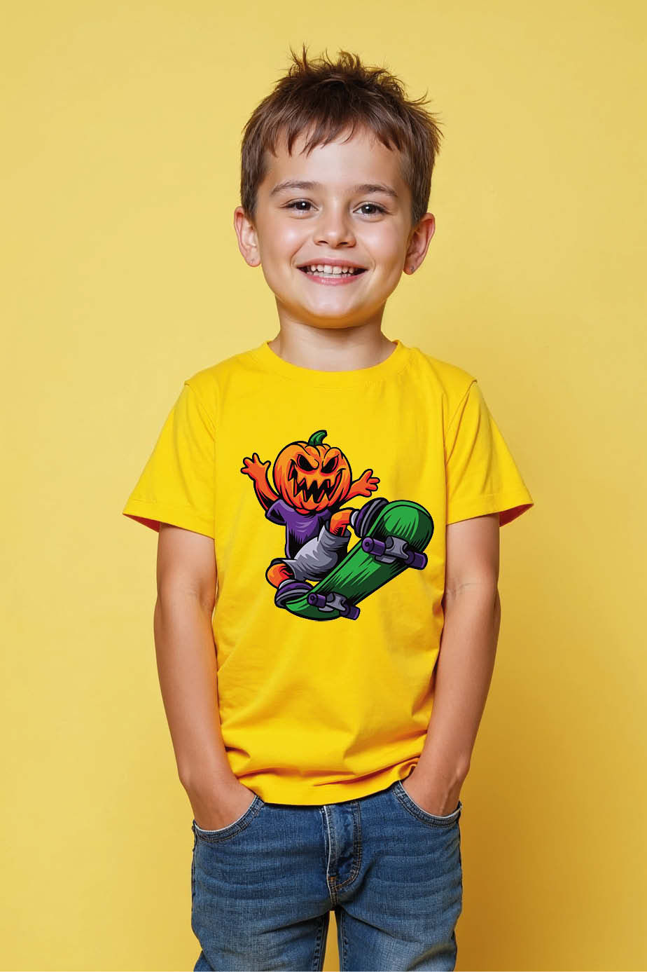 Skater Pumpkin Graphic Kids T-Shirt – Cool Halloween Vibes | Shop Now